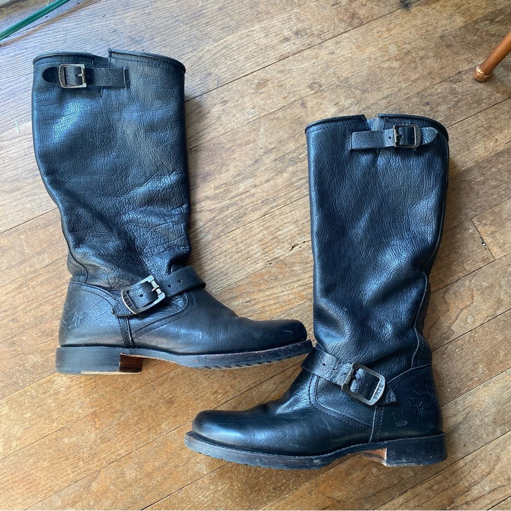 Frye Black Leather Engineer Boots with Buckle Straps